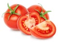 Isolated Tomatoes. Two whole Tomatoes and slices (half) isolated on white, with clipping path. Royalty Free Stock Photo
