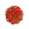 Isolated top view of a group of chili peppers on white background