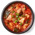 isolated top view kimchi soup in a bowl, korean soup on white background, asian food menu Royalty Free Stock Photo