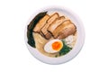 Isolated top view of Ramen Pork Bone Soup Tonkotsu Ramen with Chashu Pork, Scallion, Sprout, Onion, Menma and Dried Seaweed. Royalty Free Stock Photo