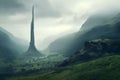 Isolated tower reaching into the misty and