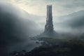 Isolated tower reaching into the misty and