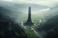 Isolated tower reaching into the misty and