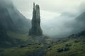 Isolated tower reaching into the misty and