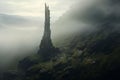 Isolated tower reaching into the misty and