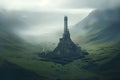 Isolated tower reaching into the misty and