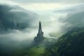 Isolated tower reaching into the misty and