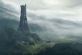 Isolated tower reaching into the misty