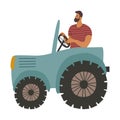 Isolated tractor and a man in it. Farmer cultivates the land. Vector flat illustration