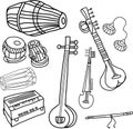 Isolated traditional indian instruments. Vector contour set for music billboard