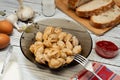 Isolated traditional russian pelmeni, ravioli, dumplings with meat on wood background. Design and food styling idea for Royalty Free Stock Photo