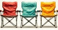 Isolated on a transparent background is a group of three camping chairs in various colors, including blue, red, and Royalty Free Stock Photo