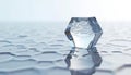 Isolated transparent hexagonal object refracts light on wet hexagonal patterned surface. Cool blue, white tones dominate Royalty Free Stock Photo