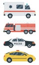 Isolated transport icons. Police car, ambulance, firetruck, taxi. Flat design. Vector