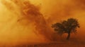 Isolated tree resists as orange and brown sandstorm sweeps over resilient arid desert terrain Royalty Free Stock Photo