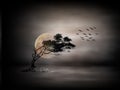 An isolated tree silhouette and flock of birds flying away in the evening. A big full moon in the sky behind a tree. Royalty Free Stock Photo