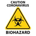 Isolated triangular yellow biohazard sign icon with Caution Coronavirus Biohazard written on it