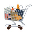 Isolated trolley on wheels with food, gifts, hygiene and cleaning products on a white . Cute flat vector illustration Royalty Free Stock Photo