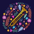 Isolated trombone and Bright leaves and flowers on blue background. Hand drawing folk flat doodles vector
