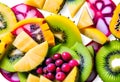 Isolated tropical fruits slices. Fresh exotic fruits cut in half (maracuya, kiwi Royalty Free Stock Photo