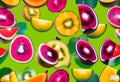 Isolated tropical fruits slices. Fresh exotic fruits cut in half (maracuya, kiwi Royalty Free Stock Photo