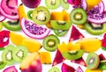 Isolated tropical fruits slices. Fresh exotic fruits cut in half (maracuya, kiwi Royalty Free Stock Photo