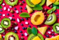 Isolated tropical fruits slices. Fresh exotic fruits cut in half (maracuya, kiwi Royalty Free Stock Photo