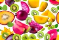 Isolated tropical fruits slices. Fresh exotic fruits cut in half (maracuya, kiwi Royalty Free Stock Photo