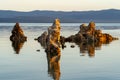 Isolated tufa towers during sunrise at California Mono Lake in t