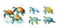 Isolated turtles watercolor style. Turtle different colors, decorative animals clipart for printable or design. Vector