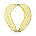 Isolated two slice banana in heart shape Royalty Free Stock Photo