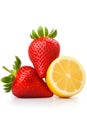 Isolated two strawberries and one cut lemon. Fresh fruits. AI generated.