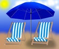 Isolated umbrella and two loungers on the background