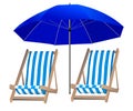 Isolated umbrella and two loungers on the background