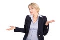 Isolated undecided blond business woman in business outfit on white background.