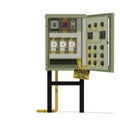 Isolated under repair electrical control cabinet on white background