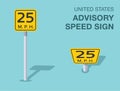 Isolated United States advisory speed sign. Front and top view.