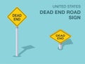 Isolated United States dead end road sign. Front and top view.