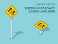 Isolated United States entering roadway added lane sign. Front and top view. Royalty Free Stock Photo