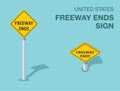 Isolated United States freeway ends road sign. Front and top view. Royalty Free Stock Photo