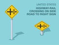 Isolated United States highway-rail crossing on side road to right sign. Front and top view.