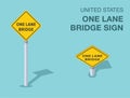 Isolated United States one lane bridge road sign. Front and top view.