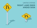 Isolated United States right lane ends ahead sign. Front and top view. Royalty Free Stock Photo