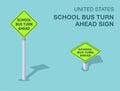 Isolated United States school bus turn ahead road sign. Front and top view. Royalty Free Stock Photo