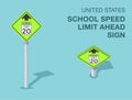 Isolated United States school speed limit ahead road sign. Front and top view. Royalty Free Stock Photo