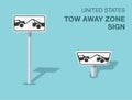 Isolated United States tow away zone sign. Front and top view.