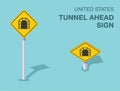 Isolated United States tunnel ahead sign. Front and top view.