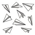 Isolated various paper planes black outline flying concept