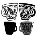 Isolated vector black and white set of silhouettes of ornamental cup of tea or coffee Royalty Free Stock Photo