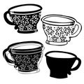 Isolated vector black and white set of silhouettes of ornamental cup of tea or coffee Royalty Free Stock Photo